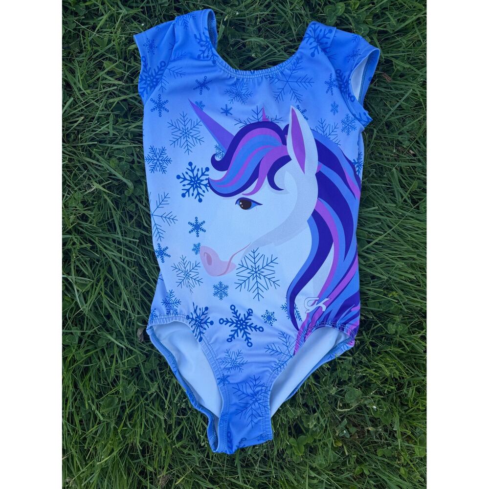 GK Elite Girls Blue Unicorn Snowflake Leotard Gymnastics Bodysuit Size CM